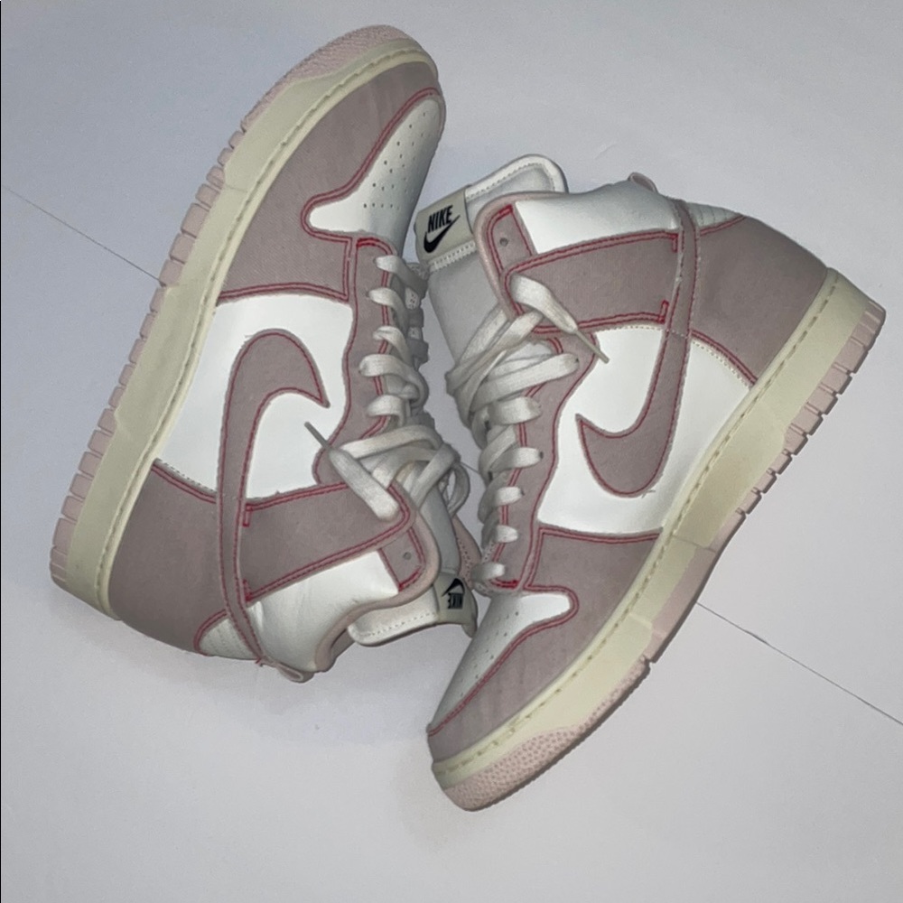 Nike Dunk High “1985 Barely Rose” Sneakers. Pink and White Denin